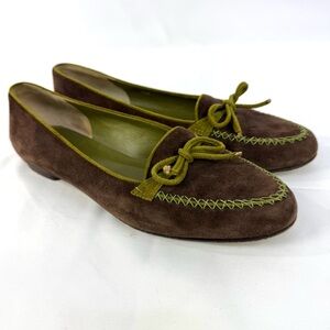Rangoni Italian Suede Leather Loafers Size 9.5 brown with green accents, EUC